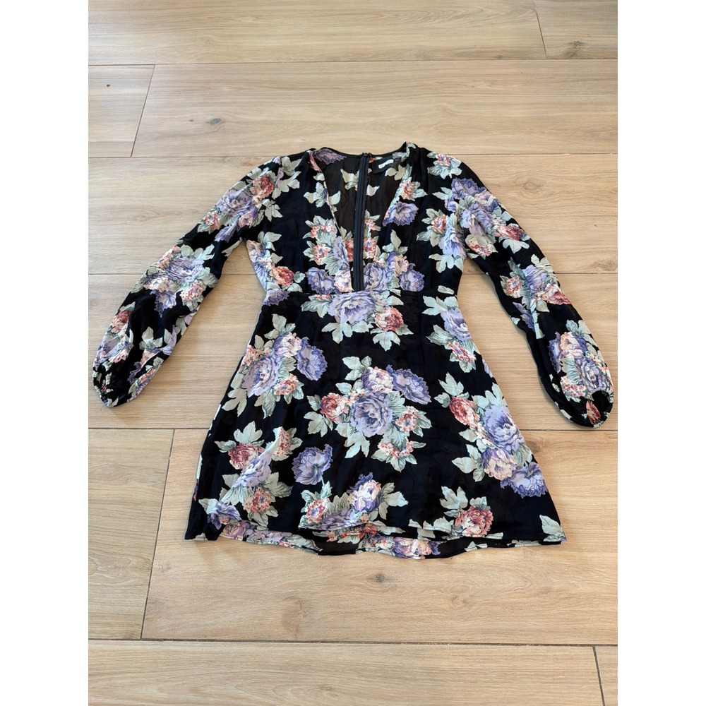 Reformation Floral Mini Dress Black Purple Long Sleeve V-Neck Fit‎ & Flare